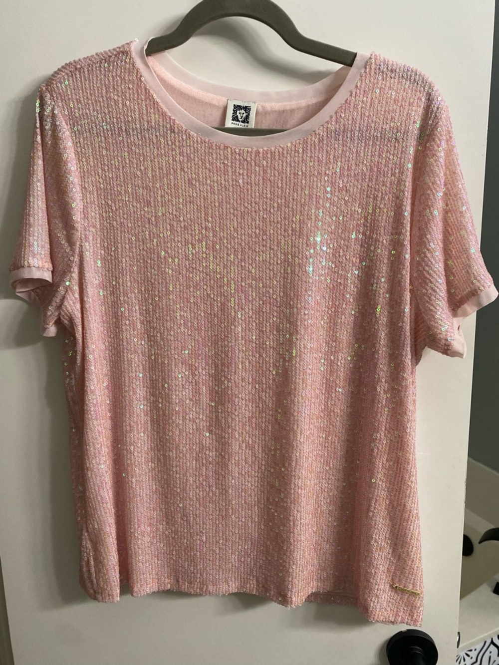 Anne Klein Iridescent Pale‎ Pink Sequin Mesh Top Sparkle Holographic Shimmer L